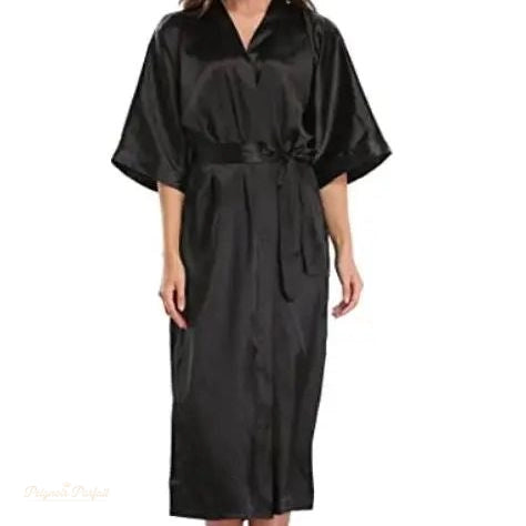 Peignoir satin femme noir élégant - kimono long - Noir Élégant - XXXL