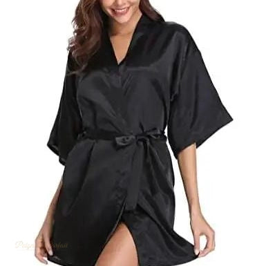 Peignoir Satin Femme Noir Élégant Kimono Robe - Noir Élégant - XXL