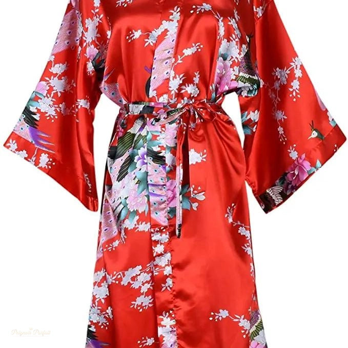 Peignoir Satin Femme Rouge Passion - Kimono Robe Courte - Rouge Passion - S