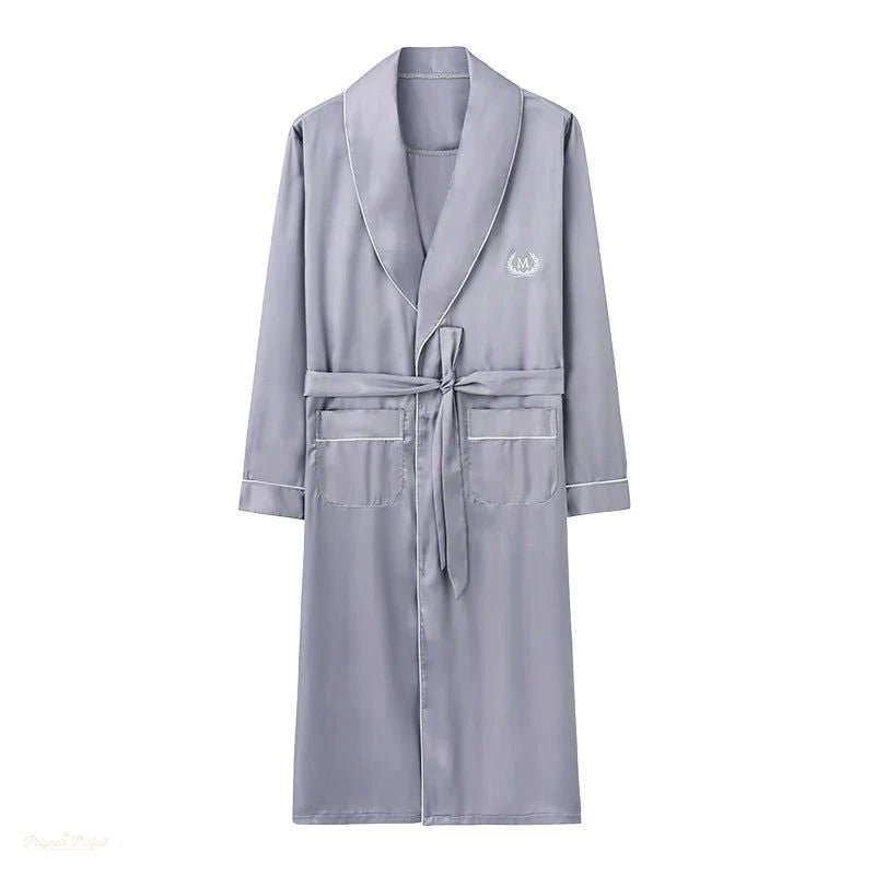 Peignoir Satin Gris Clair Homme Manches Longues - Gris Clair - XXXXL