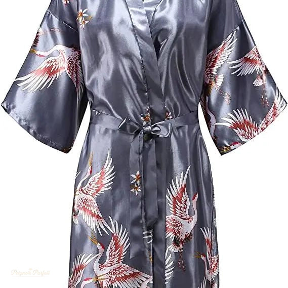 Peignoir Satin Gris Perle Femme Kimono Floral - Gris Perle - S