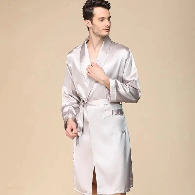 Peignoir Satin Gris Satiné Homme Manches Longues - Gris Satiné - XXL