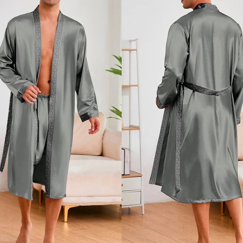 Peignoir Satin Homme Gris Perle - Pyjama 2 Pièces - Gris Perle - L