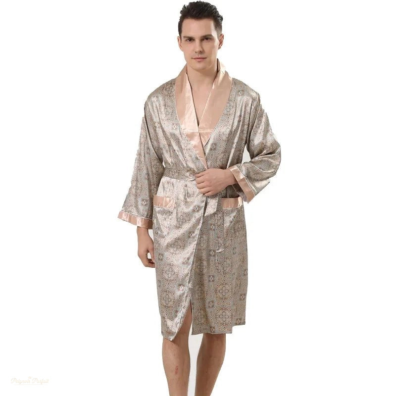 Peignoir satin homme imprimé doré - Grandes tailles - Imprimé Doré - XL