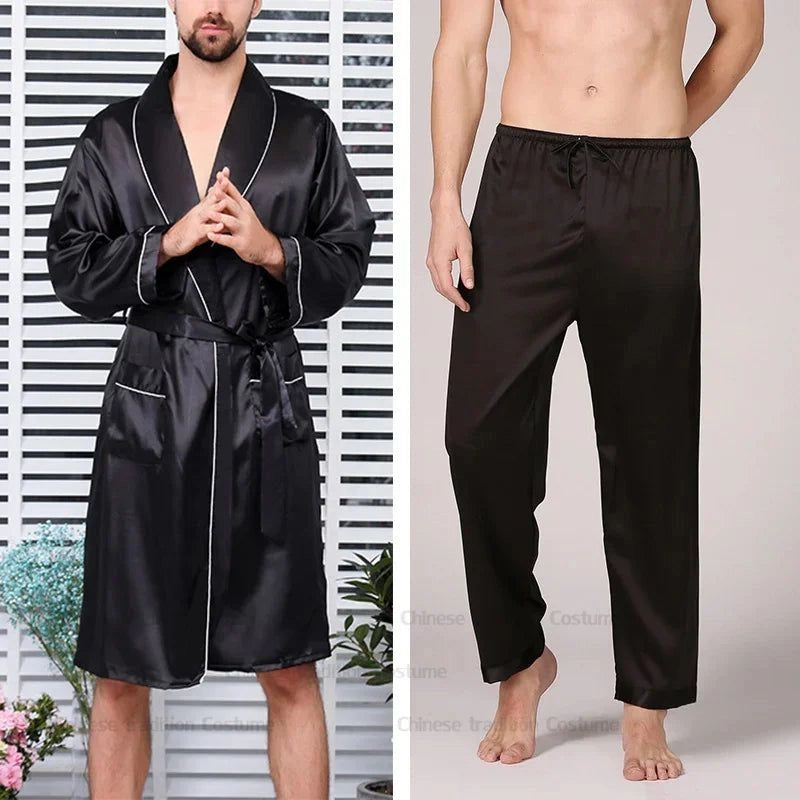 Peignoir Satin Homme Noir Brillant avec Pantalon - Noir Brillant - XXXL