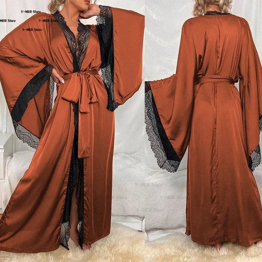 Peignoir Satin Long Femme Manches Dentelle - 1