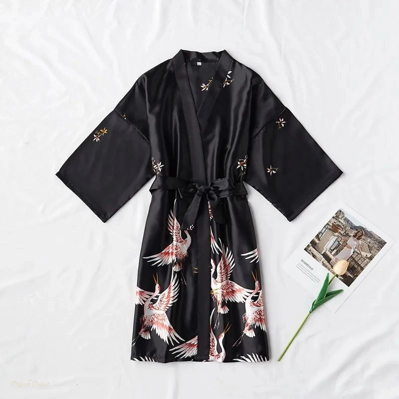 Peignoir Satin Noir Élégant Femme - Kimono Dressing Gown - Noir Élégant - XL