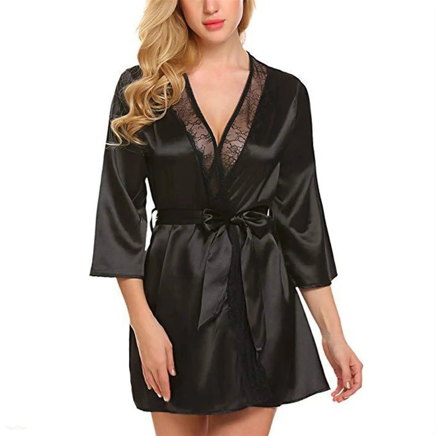 Peignoir Satin Noir Élégant Femme - Robe de Chambre Kimono - Noir Élégant - XS(old)