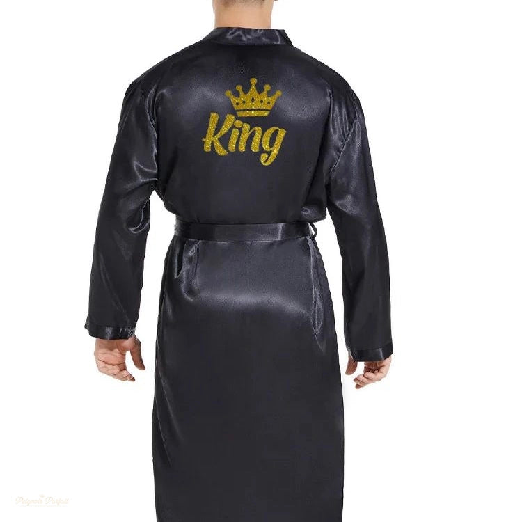 Peignoir Satin Noir Homme Couronne King - Noir Satiné - L