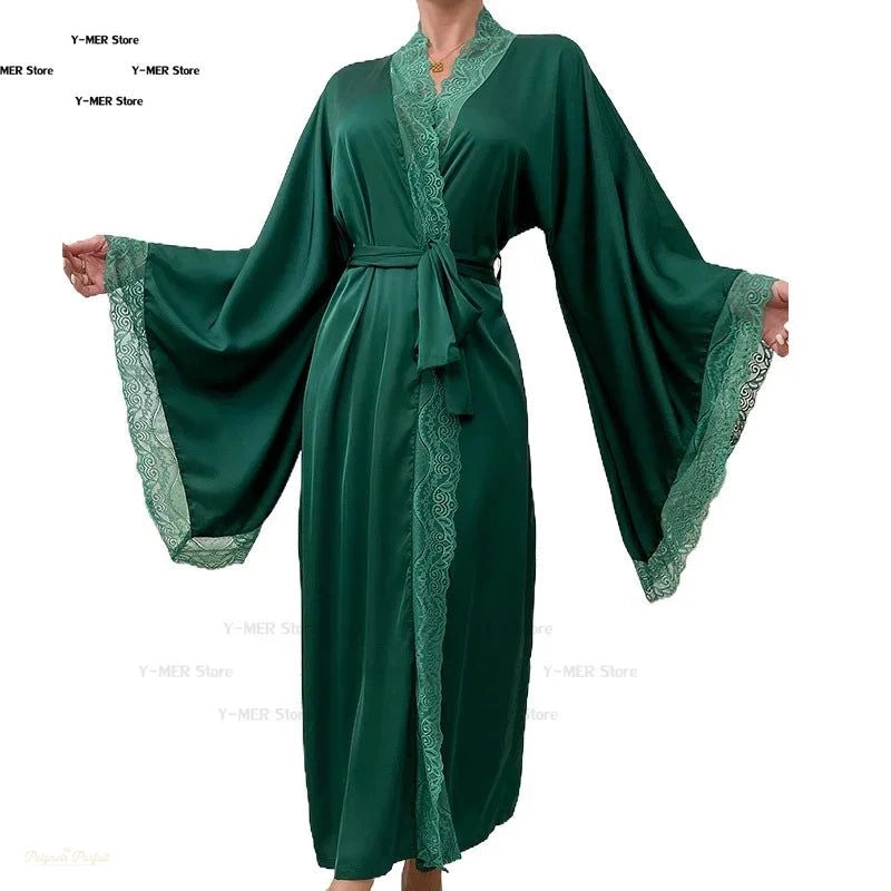 Peignoir Satin Vert Émeraude Femme Manches Dentelle - Vert Émeraude - L