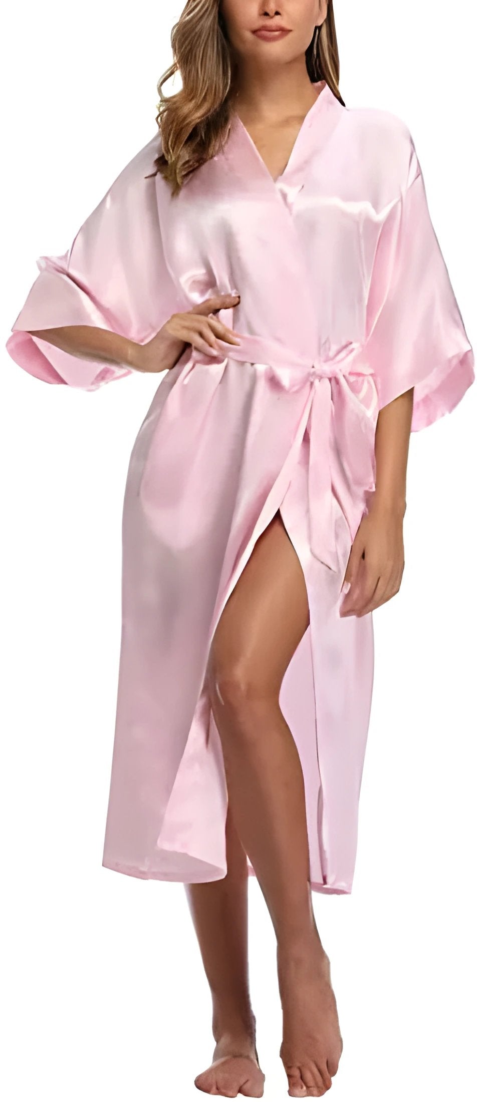 Plus Size S-XXXL Rayon Bathrobe Womens Kimono Satin Long Robe Sexy Lingerie Classic Nightgown Sleepwear with Belt - Pink
