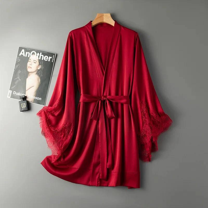 Sexy Lace Satin Kimono Robe Bordeaux