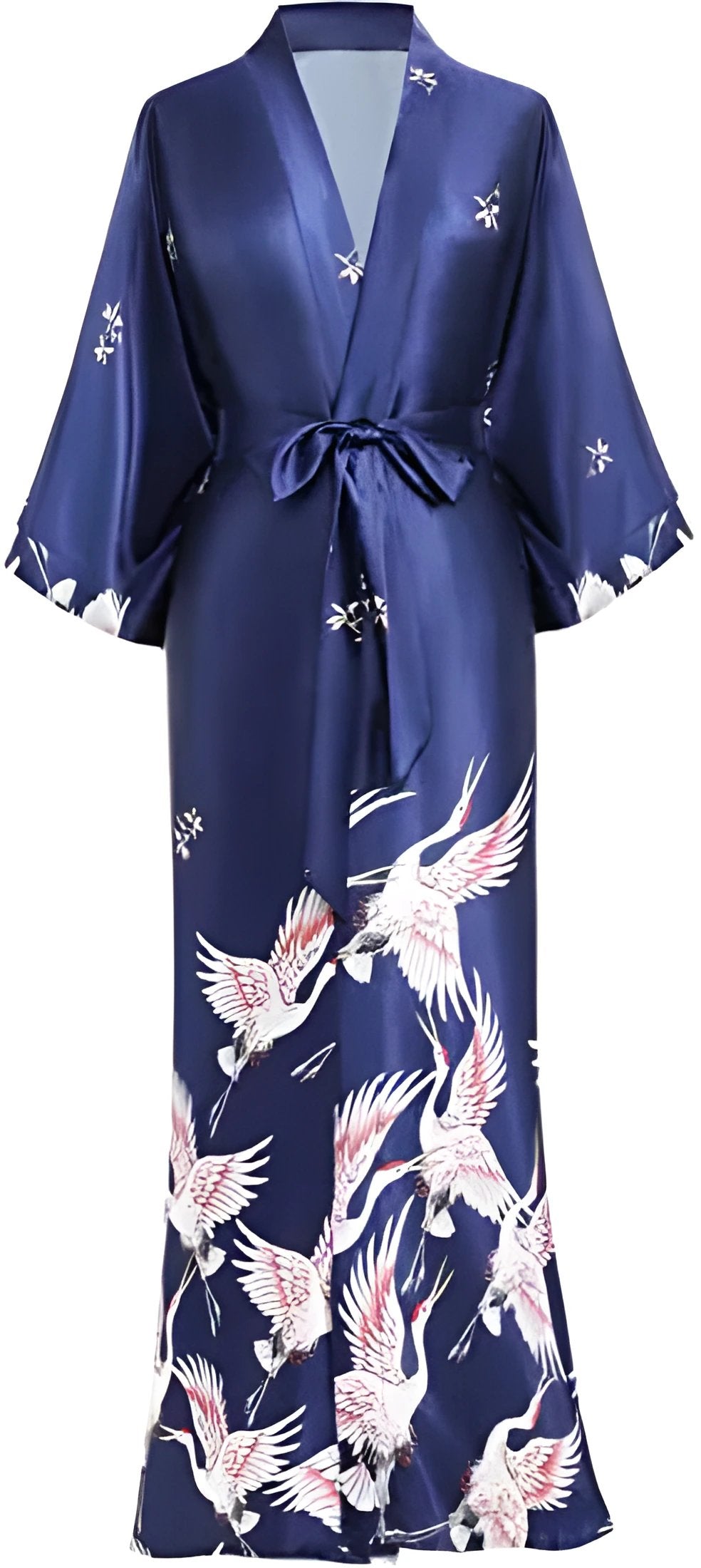 Print Crane Lady Kimono Bathrobe Gown Women Wedding Robe Loose Soft Satin Nightgown Sleepwear V-neck Long Novelty Nightwear - Navy Blue