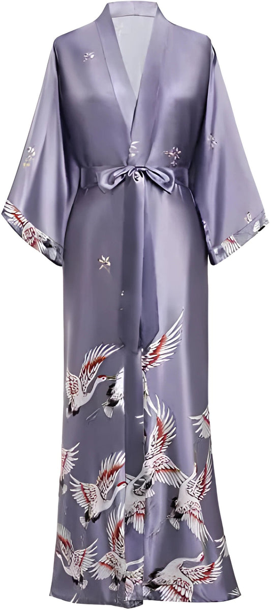 Print Crane Lady Kimono Bathrobe Gown Women Wedding Robe Loose Soft Satin Nightgown Sleepwear V-neck Long Novelty Nightwear - Gray
