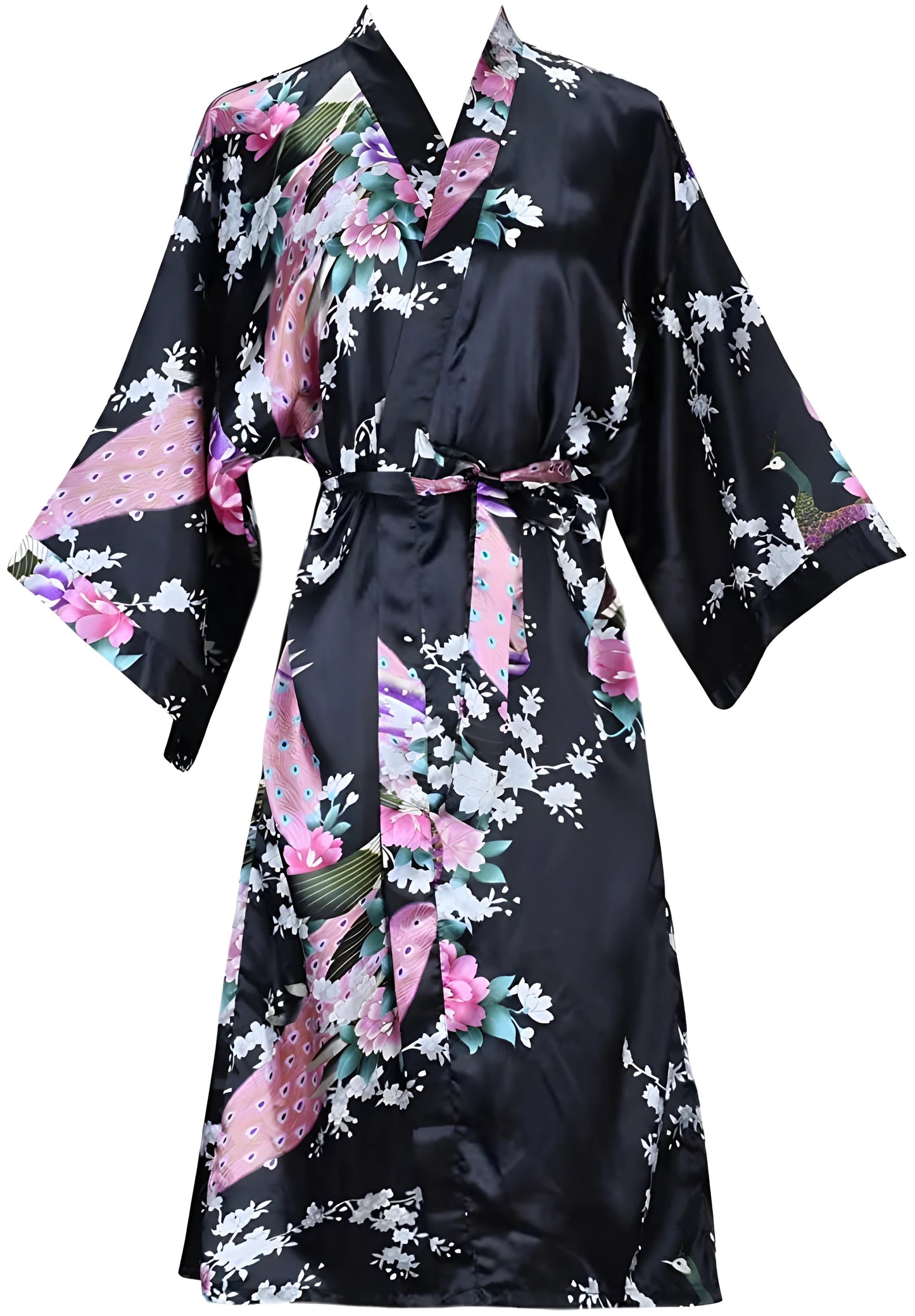 Robe d'intérieur courte en satin de soie avec motif floral et paon - Variantes Noir