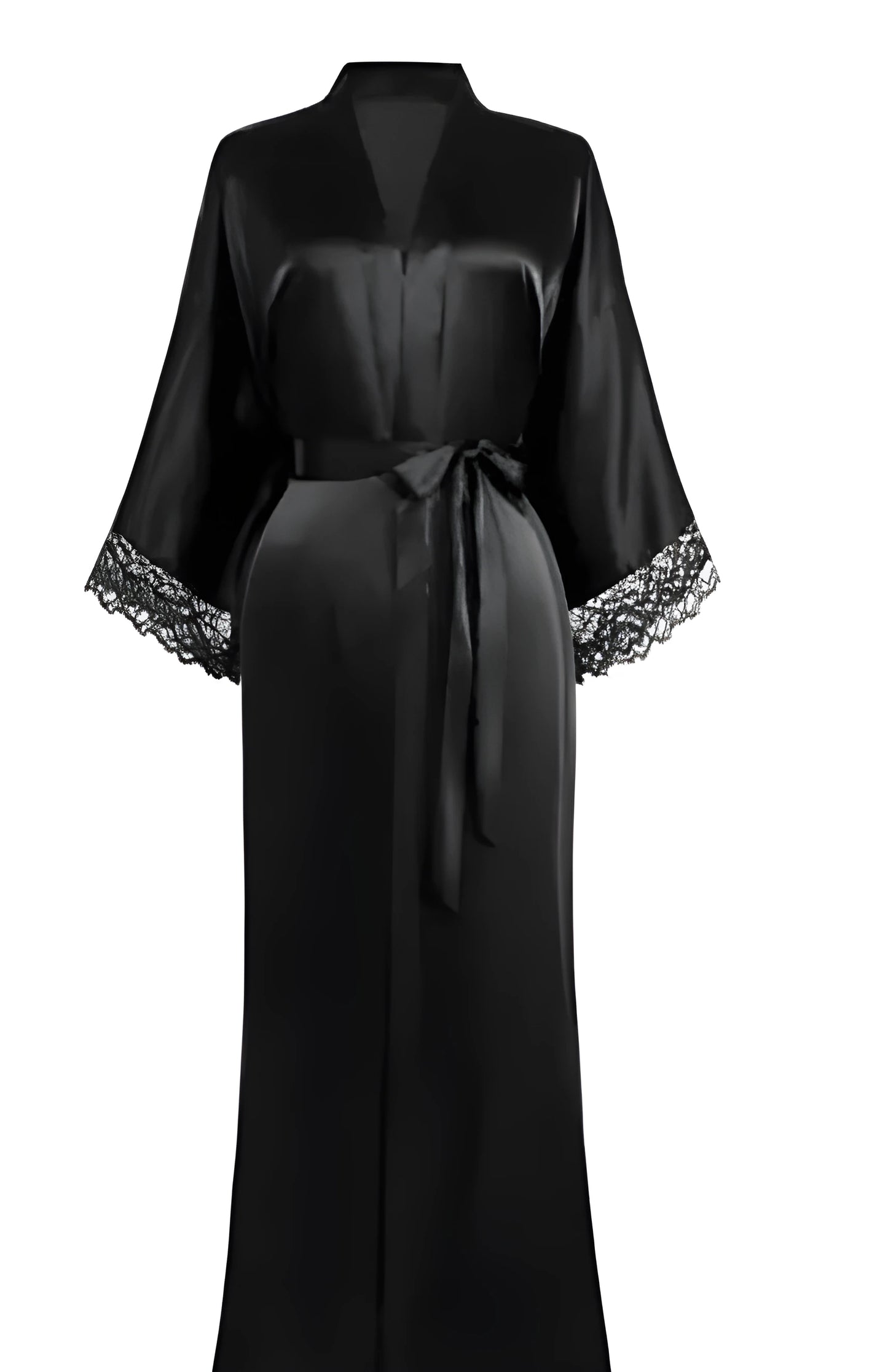 Peignoir Kimono Noir Satin Dentelle Femme Élégant