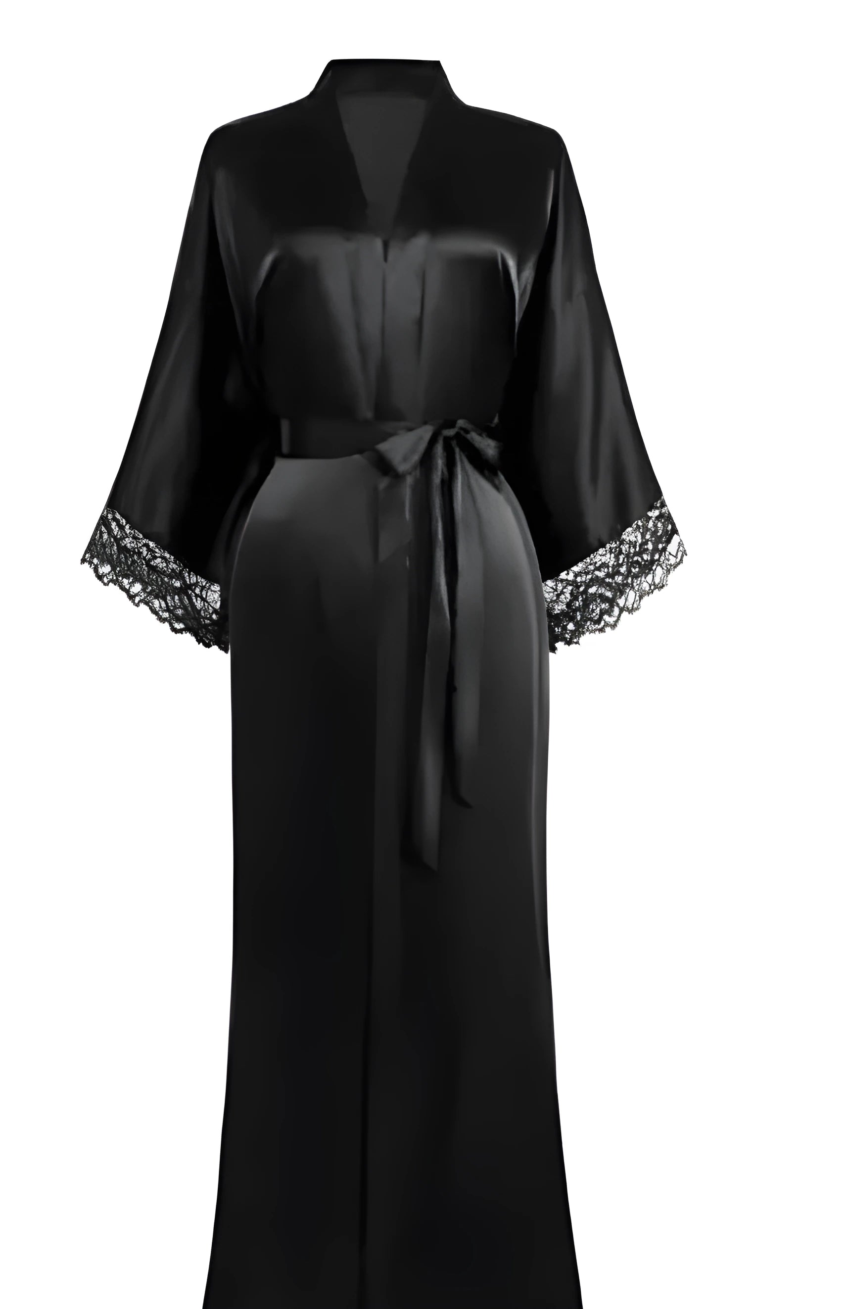 Peignoir Kimono Noir Satin Dentelle Femme Élégant