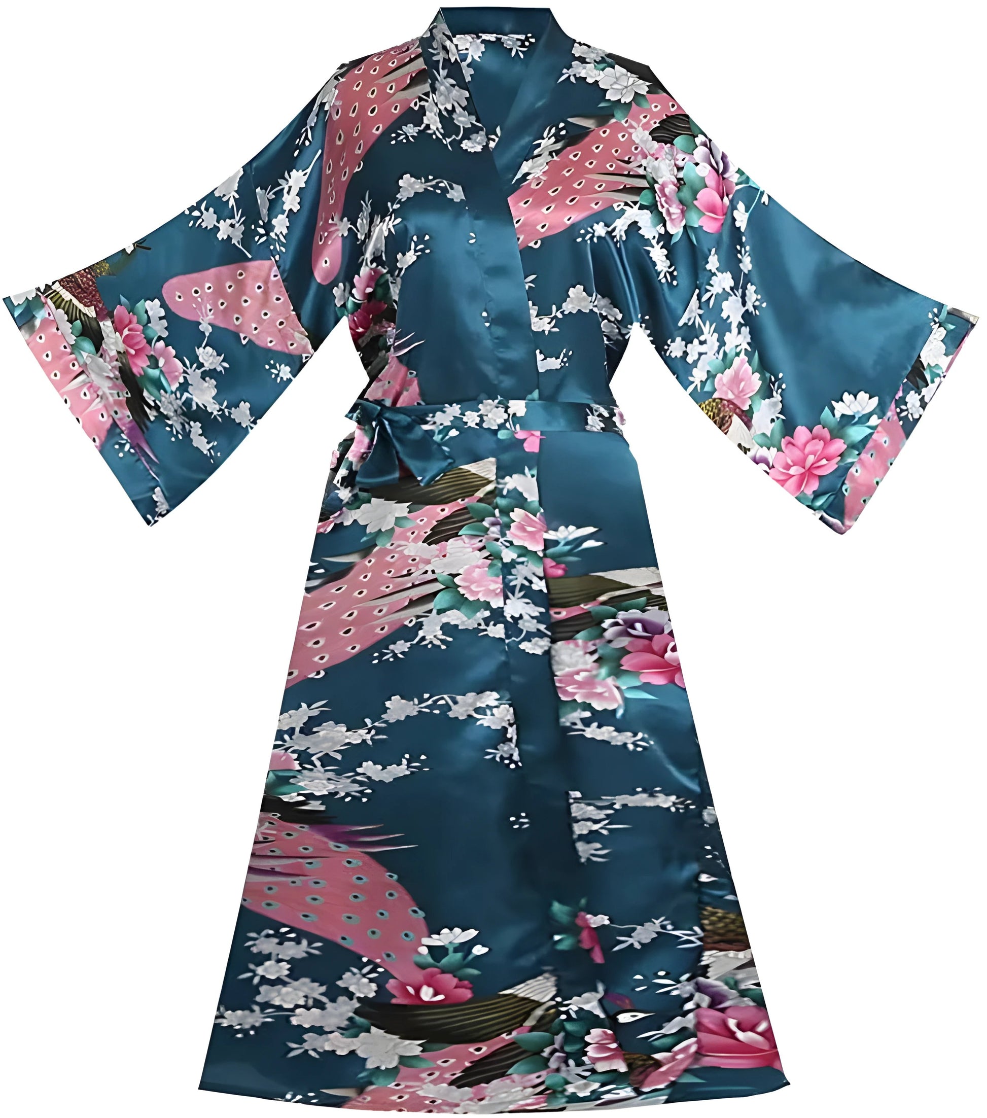 Robe d'intérieur courte en satin de soie avec motif floral et paon - Variantes Bleu Lac