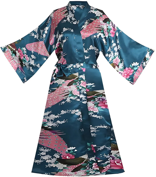 Robe d'intérieur courte en satin de soie avec motif floral et paon - Variantes Bleu Lac