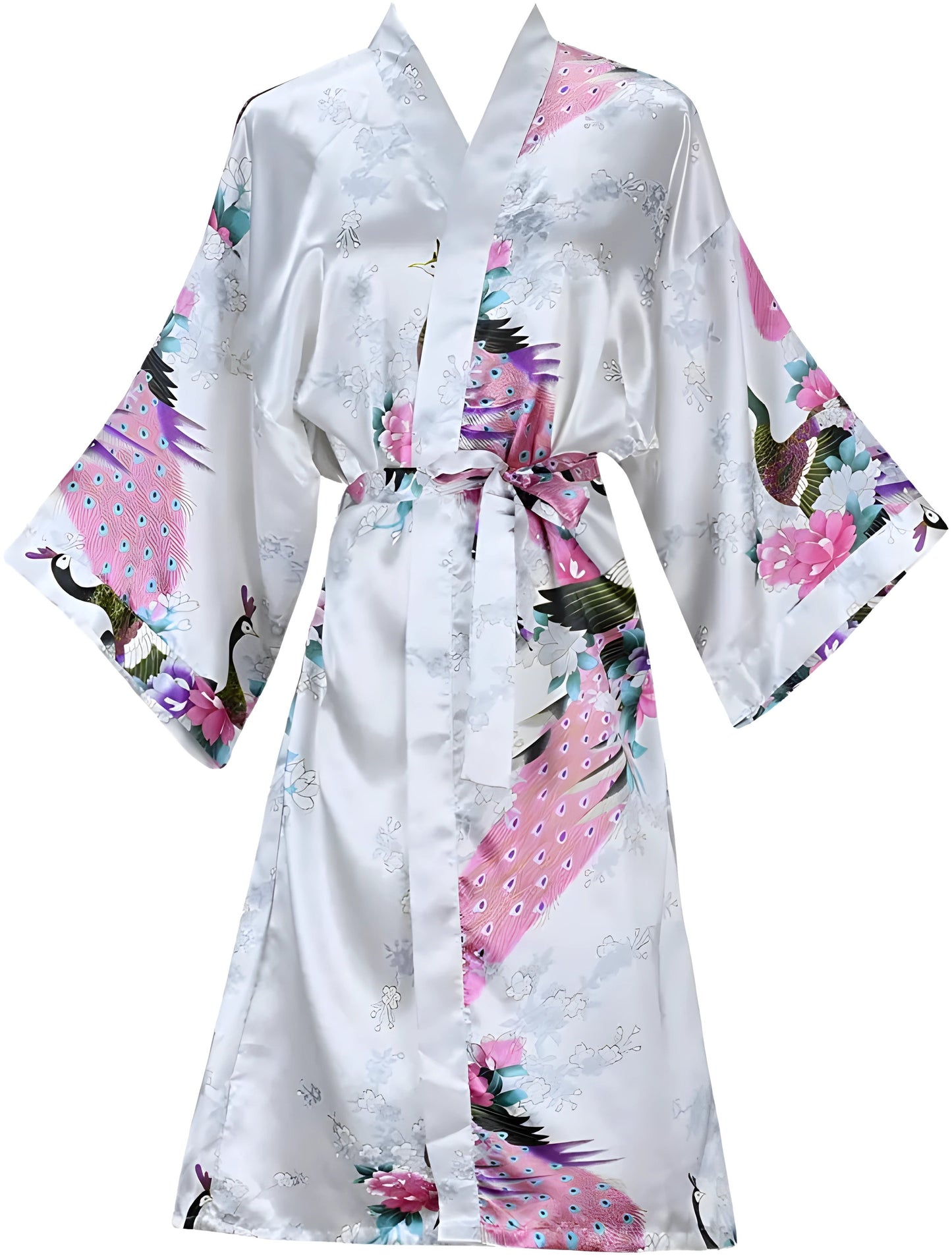 Robe d'intérieur courte en satin de soie avec motif floral et paon - Variantes Blanc