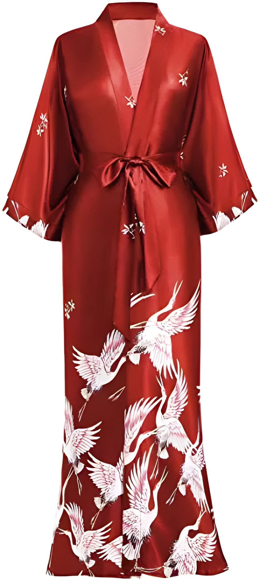 Print Crane Lady Kimono Bathrobe Gown Women Wedding Robe Loose Soft Satin Nightgown Sleepwear V-neck Long Novelty Nightwear - Wine