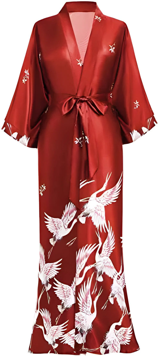 Print Crane Lady Kimono Bathrobe Gown Women Wedding Robe Loose Soft Satin Nightgown Sleepwear V-neck Long Novelty Nightwear - Wine