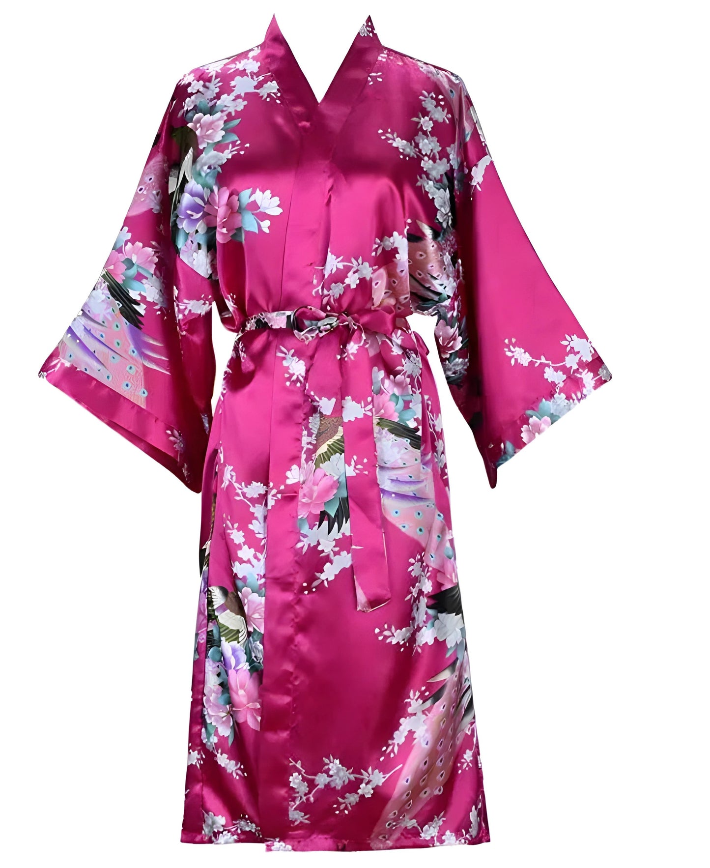 Robe d'intérieur courte en satin de soie avec motif floral et paon - Variantes Rose