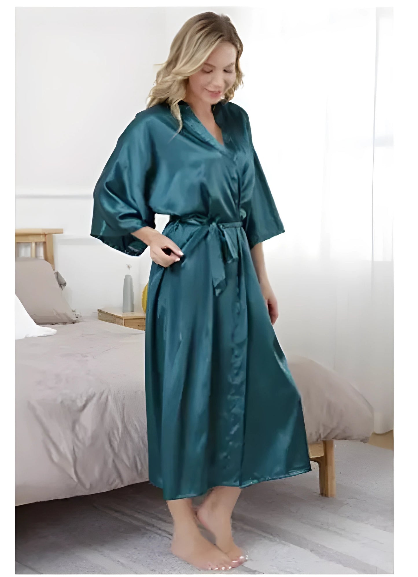 Plus Size S-XXXL Rayon Bathrobe Womens Kimono Satin Long Robe Sexy Lingerie Classic Nightgown Sleepwear with Belt - Green
