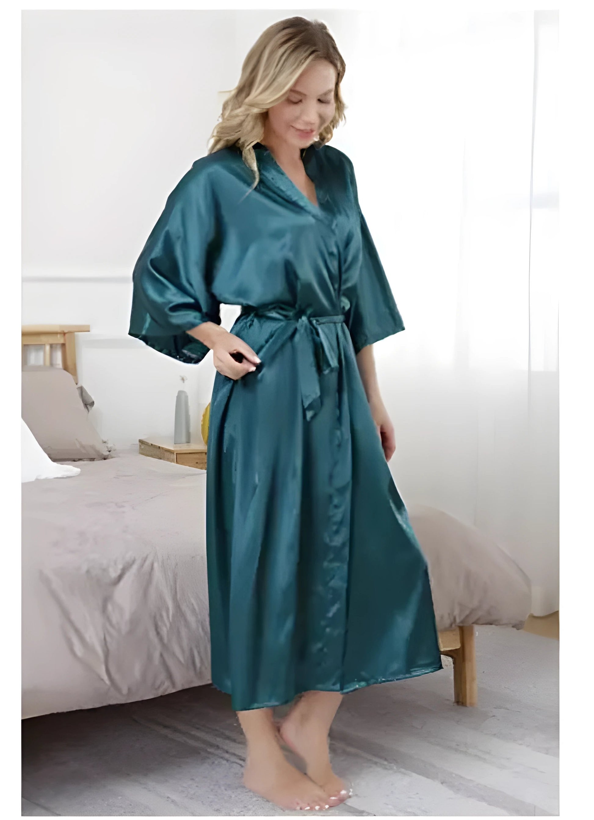Plus Size S-XXXL Rayon Bathrobe Womens Kimono Satin Long Robe Sexy Lingerie Classic Nightgown Sleepwear with Belt - Green