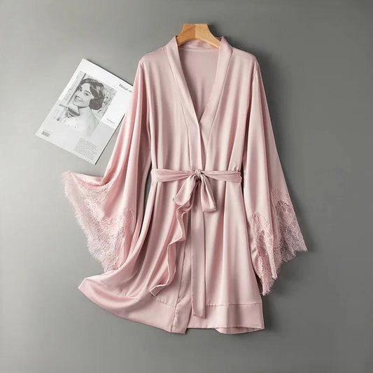 Sexy Lace Satin Kimono Robe Rose