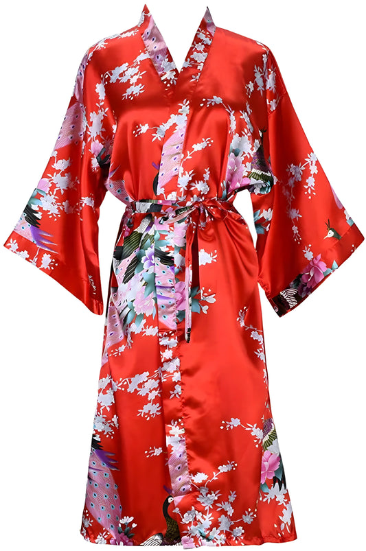 Robe d'intérieur courte en satin de soie avec motif floral et paon - Variantes Rouge