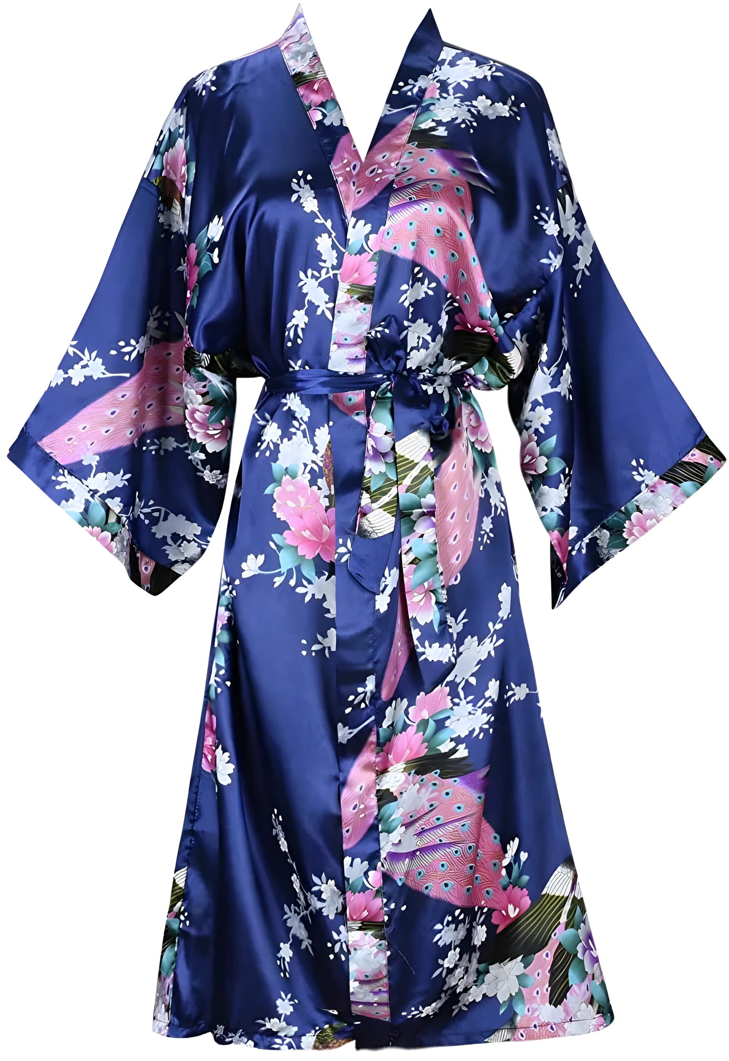 Robe d'intérieur courte en satin de soie avec motif floral et paon - Variantes Bleu Marine