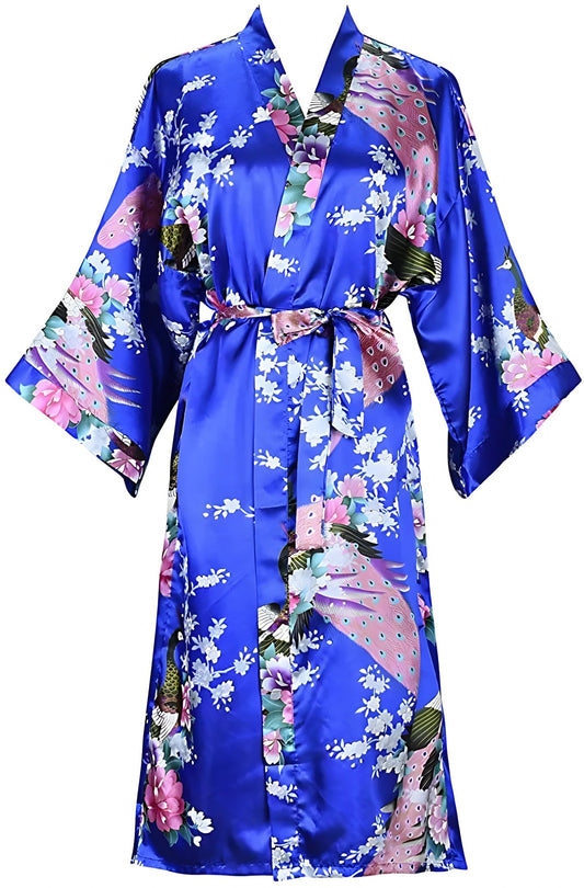 Robe d'intérieur courte en satin de soie avec motif floral et paon - Variantes Bleu Roi