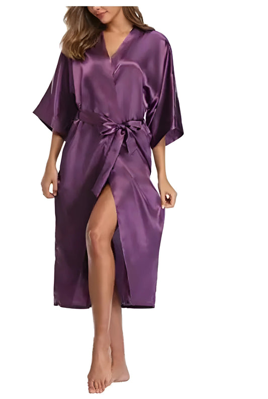 Plus Size S-XXXL Rayon Bathrobe Womens Kimono Satin Long Robe Sexy Lingerie Classic Nightgown Sleepwear with Belt - Purple