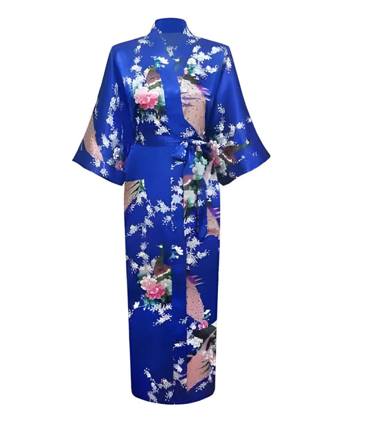 Plus Size XXXL Chinese Women Long Robe Print Flower Peacock Kimono Bathrobe Gown Bride Bridesmaid Wedding Robes Sexy Sleepwear - Royal Blue