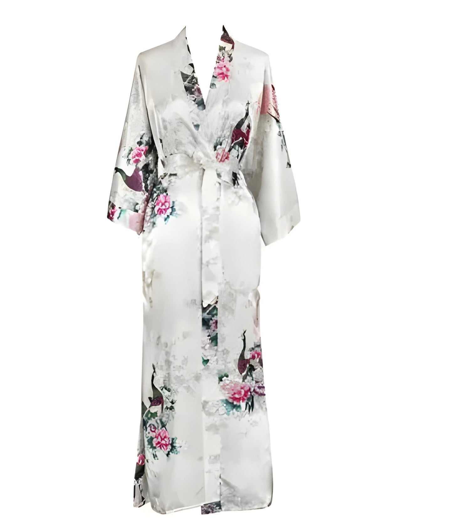 Plus Size XXXL Chinese Women Long Robe Print Flower Peacock Kimono Bathrobe Gown Bride Bridesmaid Wedding Robes Sexy Sleepwear - White