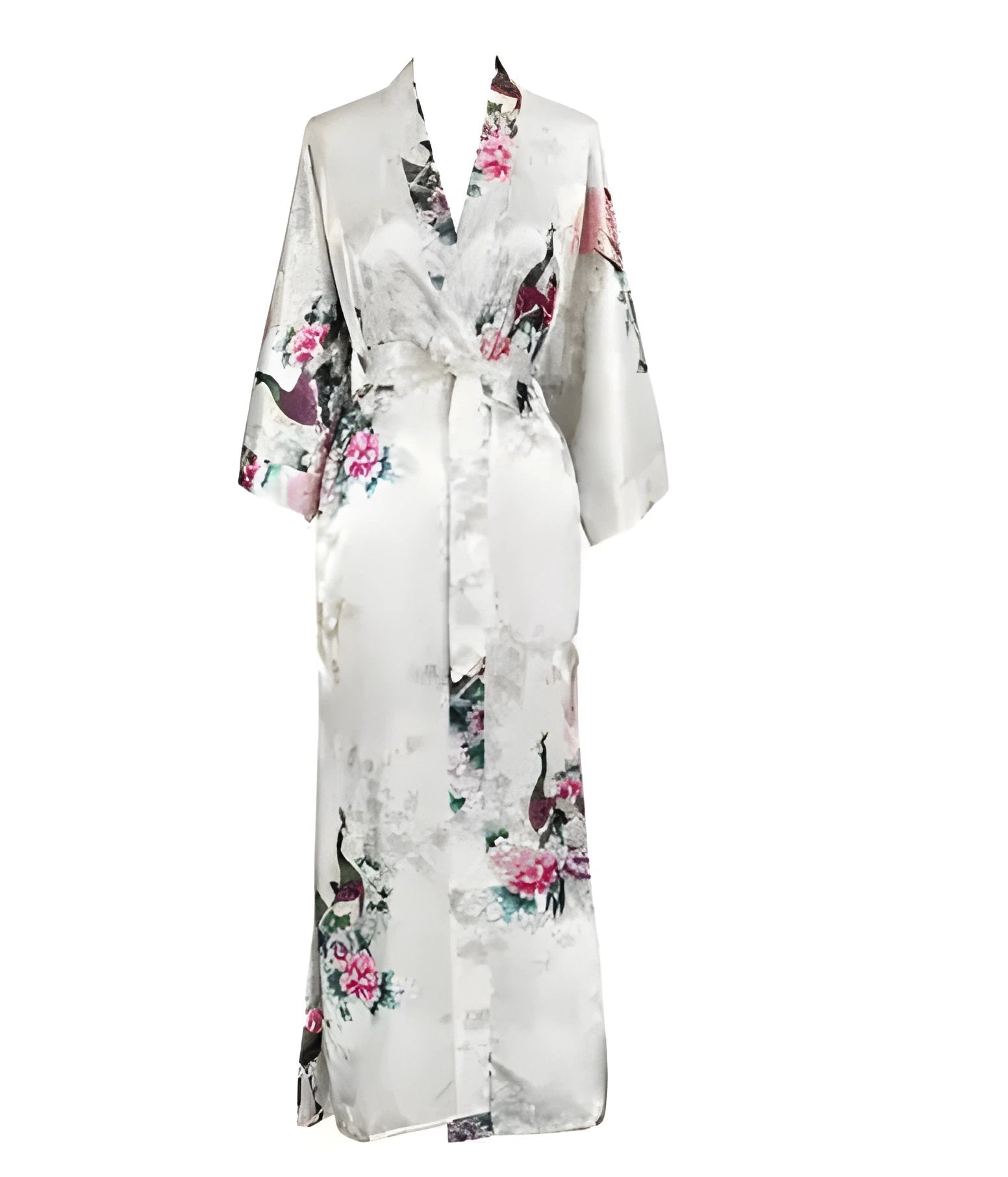 Plus Size XXXL Chinese Women Long Robe Print Flower Peacock Kimono Bathrobe Gown Bride Bridesmaid Wedding Robes Sexy Sleepwear - White