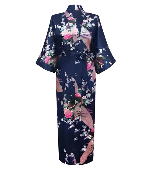 Plus Size XXXL Chinese Women Long Robe Print Flower Peacock Kimono Bathrobe Gown Bride Bridesmaid Wedding Robes Sexy Sleepwear - Navy