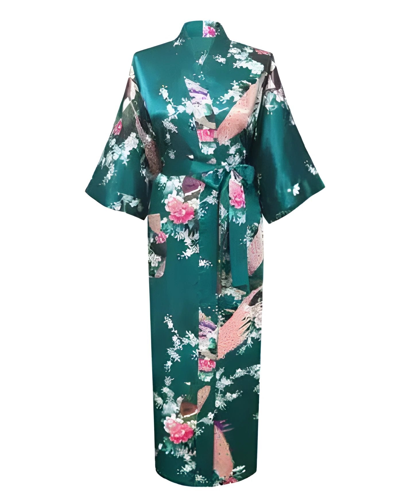 Plus Size XXXL Chinese Women Long Robe Print Flower Peacock Kimono Bathrobe Gown Bride Bridesmaid Wedding Robes Sexy Sleepwear - Teal