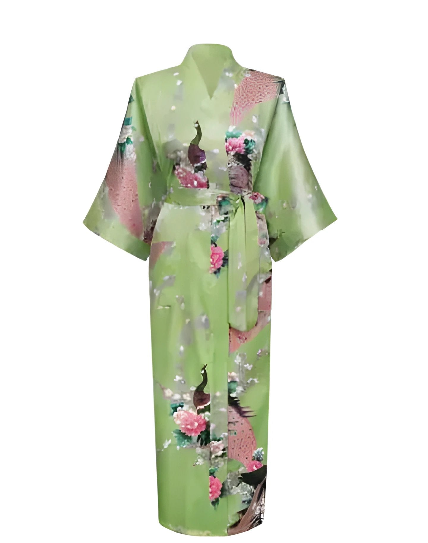 Plus Size XXXL Chinese Women Long Robe Print Flower Peacock Kimono Bathrobe Gown Bride Bridesmaid Wedding Robes Sexy Sleepwear - Green