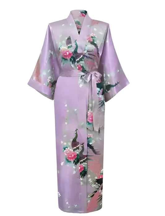 Plus Size XXXL Chinese Women Long Robe Print Flower Peacock Kimono Bathrobe Gown Bride Bridesmaid Wedding Robes Sexy Sleepwear - Lavender