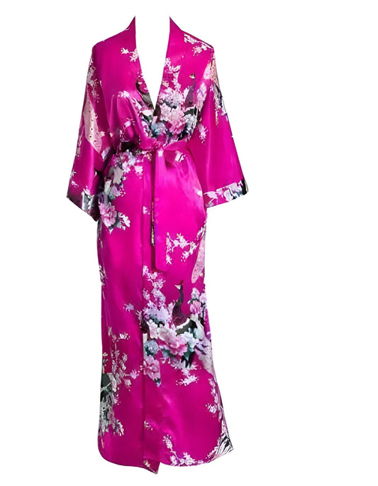 Plus Size XXXL Chinese Women Long Robe Print Flower Peacock Kimono Bathrobe Gown Bride Bridesmaid Wedding Robes Sexy Sleepwear - Rose