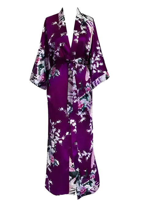 Plus Size XXXL Chinese Women Long Robe Print Flower Peacock Kimono Bathrobe Gown Bride Bridesmaid Wedding Robes Sexy Sleepwear - Purple