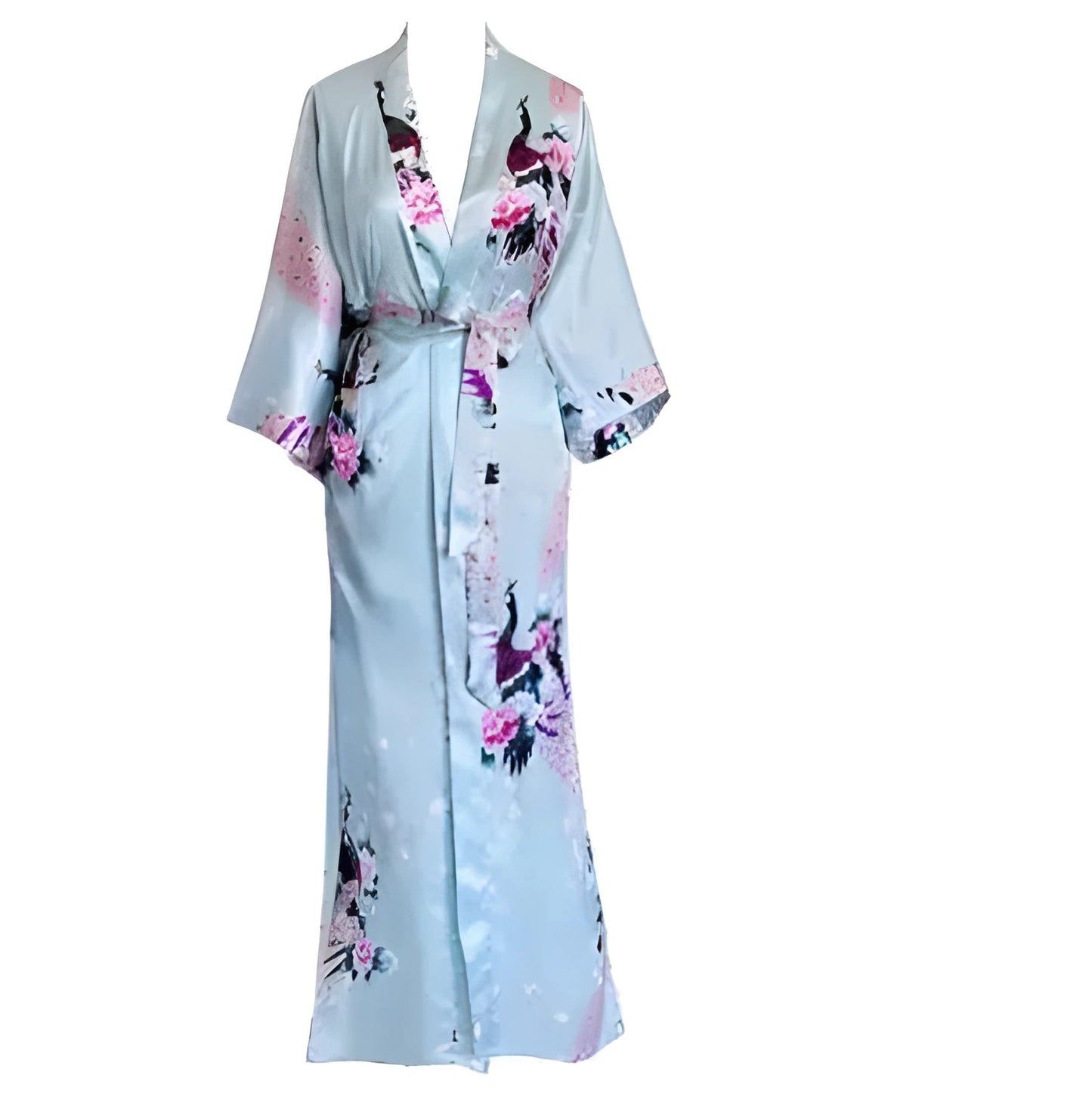 Plus Size XXXL Chinese Women Long Robe Print Flower Peacock Kimono Bathrobe Gown Bride Bridesmaid Wedding Robes Sexy Sleepwear - Light Blue