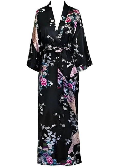 Plus Size XXXL Chinese Women Long Robe Print Flower Peacock Kimono Bathrobe Gown Bride Bridesmaid Wedding Robes Sexy Sleepwear - Black
