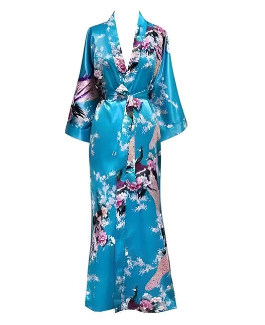 Plus Size XXXL Chinese Women Long Robe Print Flower Peacock Kimono Bathrobe Gown Bride Bridesmaid Wedding Robes Sexy Sleepwear - Lake Blue