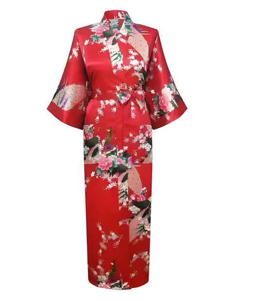 Plus Size XXXL Chinese Women Long Robe Print Flower Peacock Kimono Bathrobe Gown Bride Bridesmaid Wedding Robes Sexy Sleepwear - Red