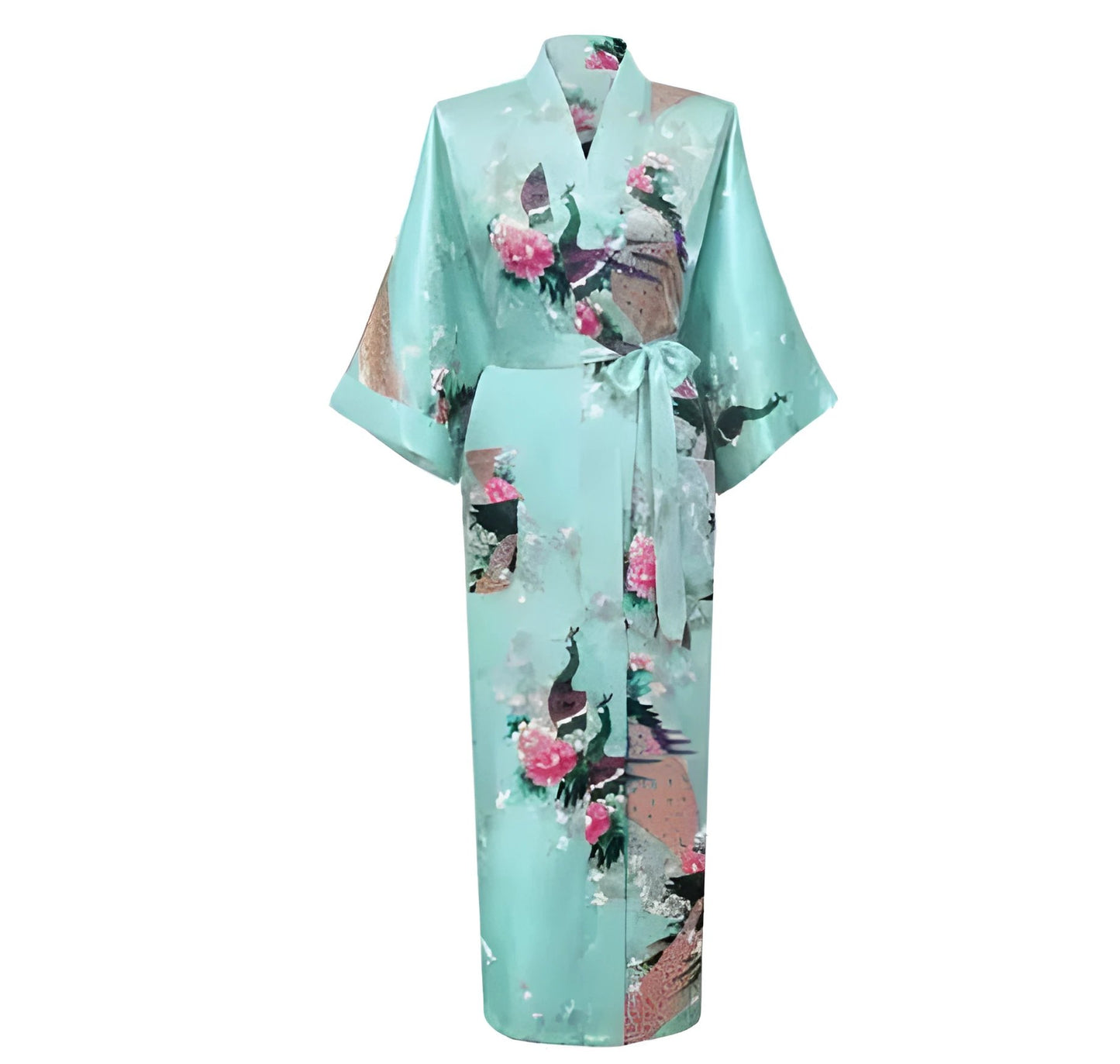 Plus Size XXXL Chinese Women Long Robe Print Flower Peacock Kimono Bathrobe Gown Bride Bridesmaid Wedding Robes Sexy Sleepwear - Aquamarine
