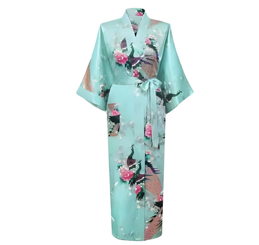 Plus Size XXXL Chinese Women Long Robe Print Flower Peacock Kimono Bathrobe Gown Bride Bridesmaid Wedding Robes Sexy Sleepwear - Aquamarine