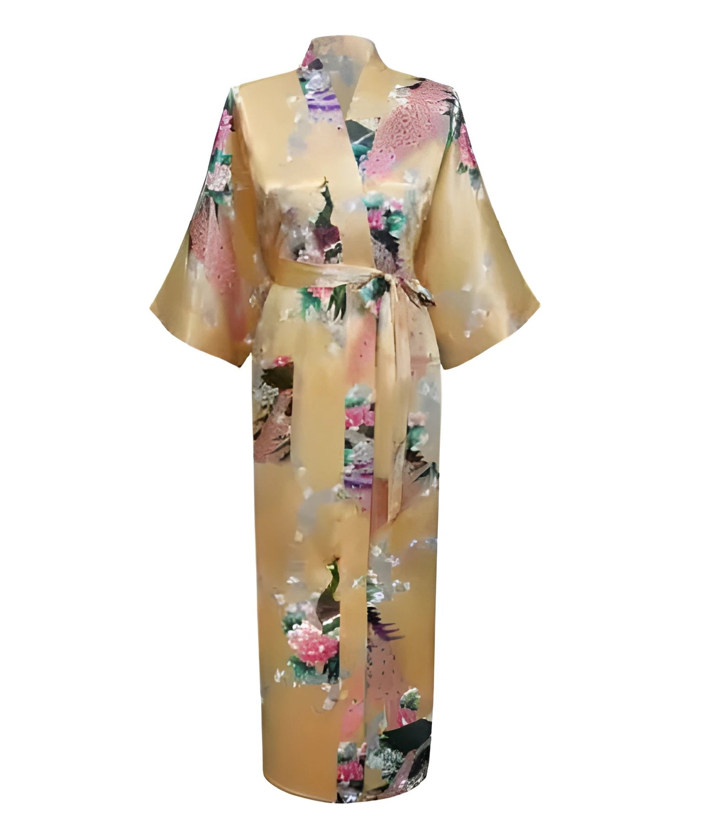 Plus Size XXXL Chinese Women Long Robe Print Flower Peacock Kimono Bathrobe Gown Bride Bridesmaid Wedding Robes Sexy Sleepwear - Yellow